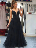 A Line V Neck Backless Beaded Black Long Prom Formal Graduation Evening Dresses by BIZTUNNEL