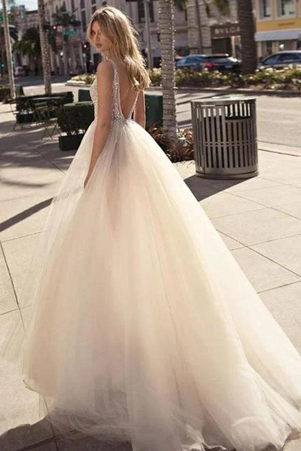 A Line V Neck Backless Beaded Tulle Ivory Wedding Dresses Bridal Gown WD437 by pgmdress
