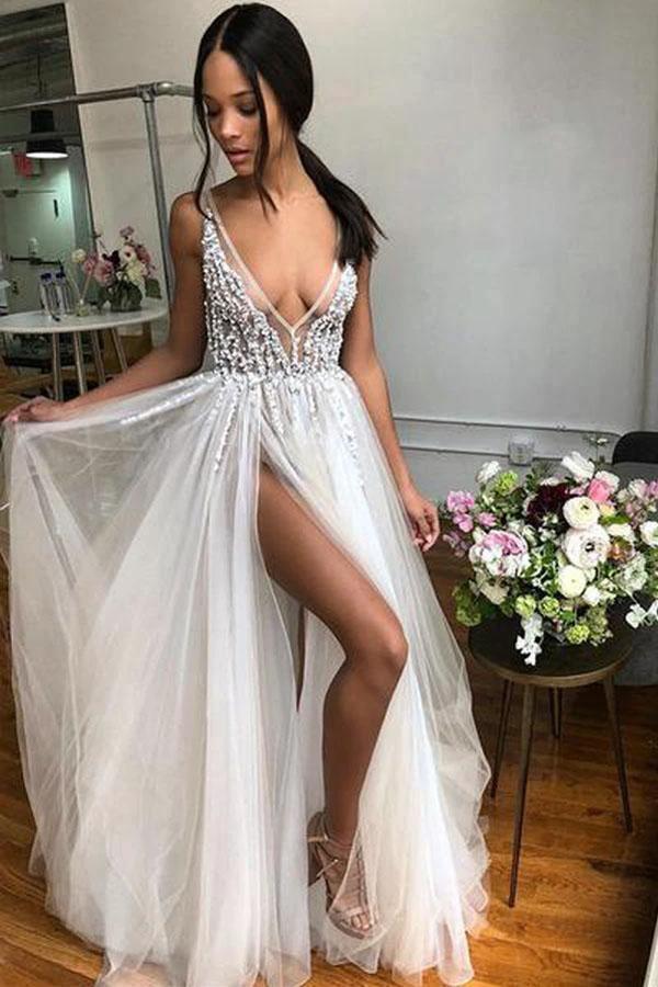 A Line V Neck Backless Beaded Tulle Ivory Wedding Dresses Bridal Gown WD437 by pgmdress
