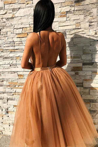 Vestido de fiesta de tul dorado con escote en V, espalda descubierta y apliques, PD227