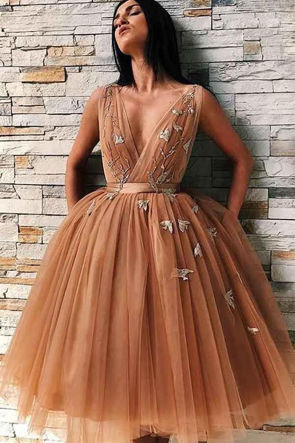 A-Line V-Neck Backless Gold Tulle Homecoming Dress with Appliques PD227 by pgmdress