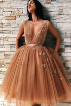 A-Line V-Neck Backless Gold Tulle Homecoming Dress with Appliques PD227 by pgmdress