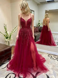 A Line V Neck Backless Lace Long Prom Dresses with Slit Backless Burgundy Tulle Formal Gowns by BIZTUNNEL