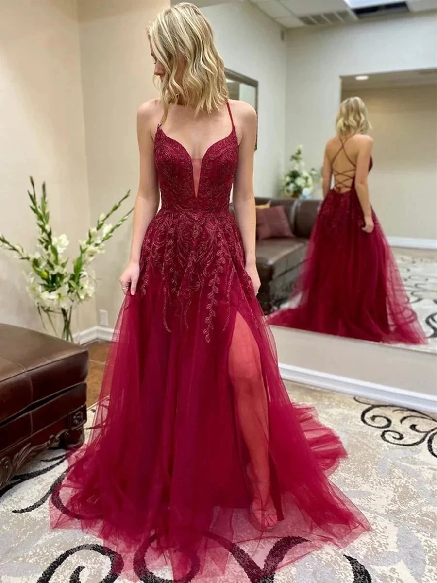 A Line V Neck Backless Lace Long Prom Dresses with Slit Backless Burgundy Tulle Formal Gowns by BIZTUNNEL