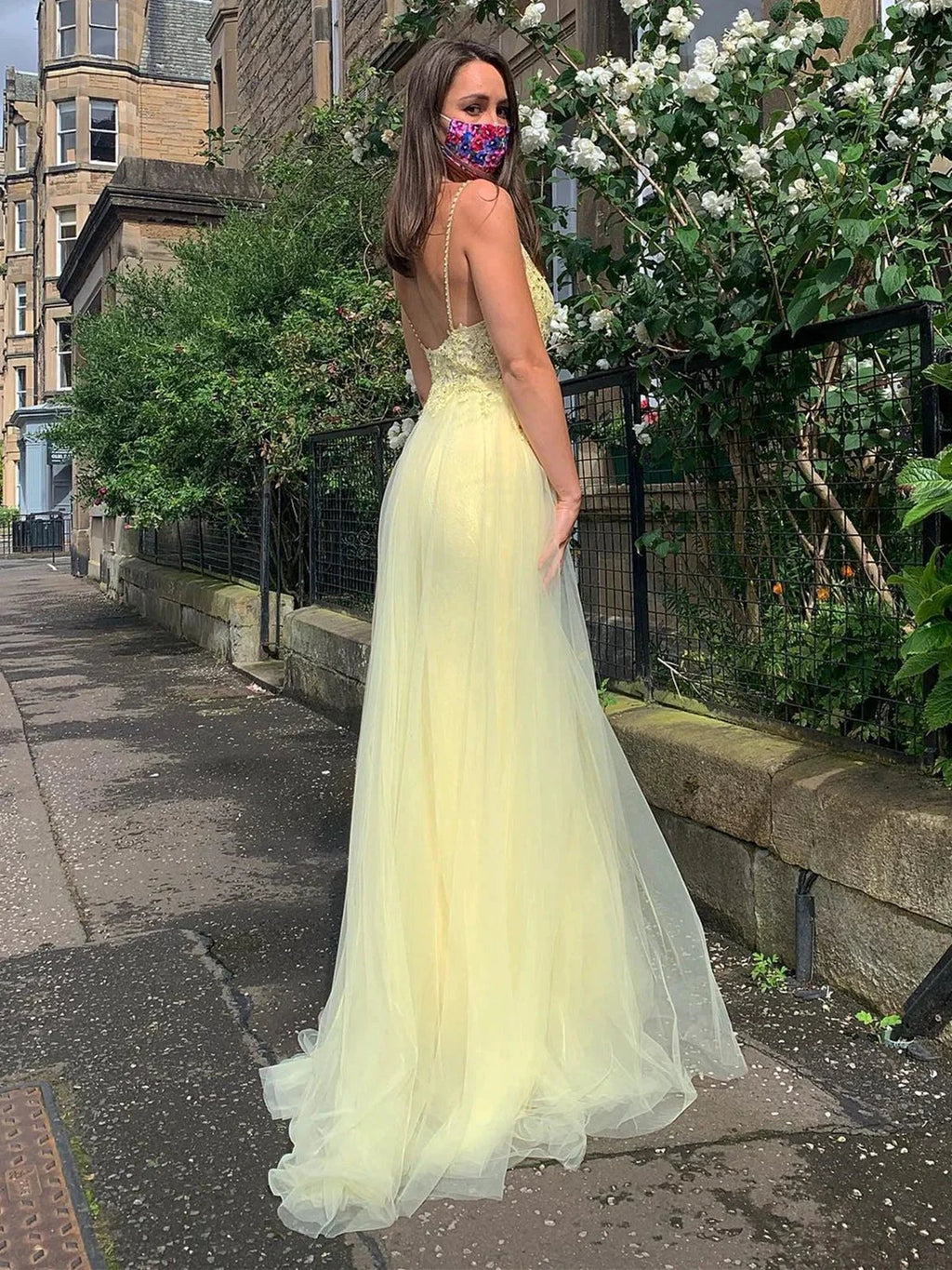A Line V Neck Backless Lace Long Prom Dresses with Slit Yellow Formal Evening Gowns by BIZTUNNEL