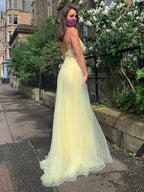 A Line V Neck Backless Lace Long Prom Dresses with Slit Yellow Formal Evening Gowns by BIZTUNNEL