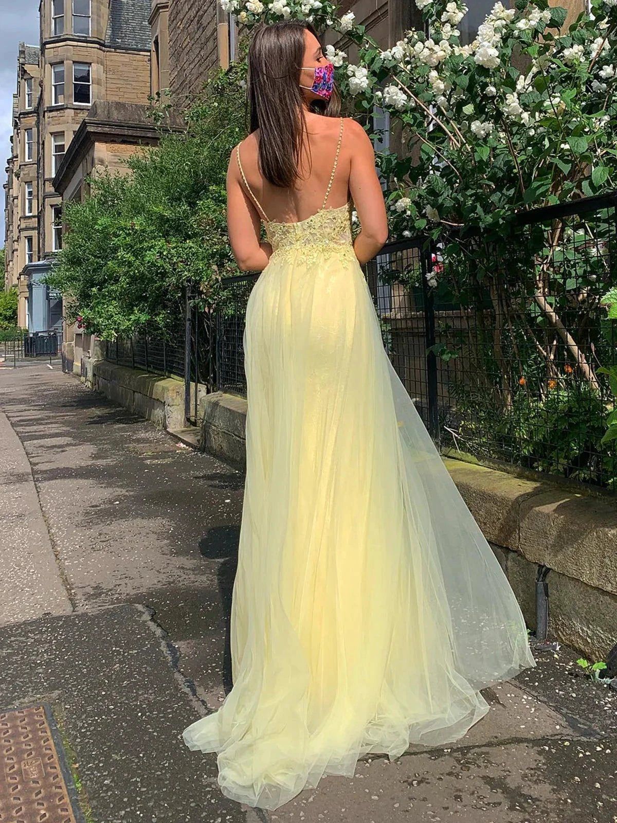 A Line V Neck Backless Lace Long Prom Dresses with Slit Yellow Formal Evening Gowns by BIZTUNNEL