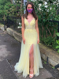 A Line V Neck Backless Lace Long Prom Dresses with Slit Yellow Formal Evening Gowns by BIZTUNNEL