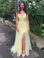 A Line V Neck Backless Lace Long Prom Dresses with Slit Yellow Formal Evening Gowns by BIZTUNNEL