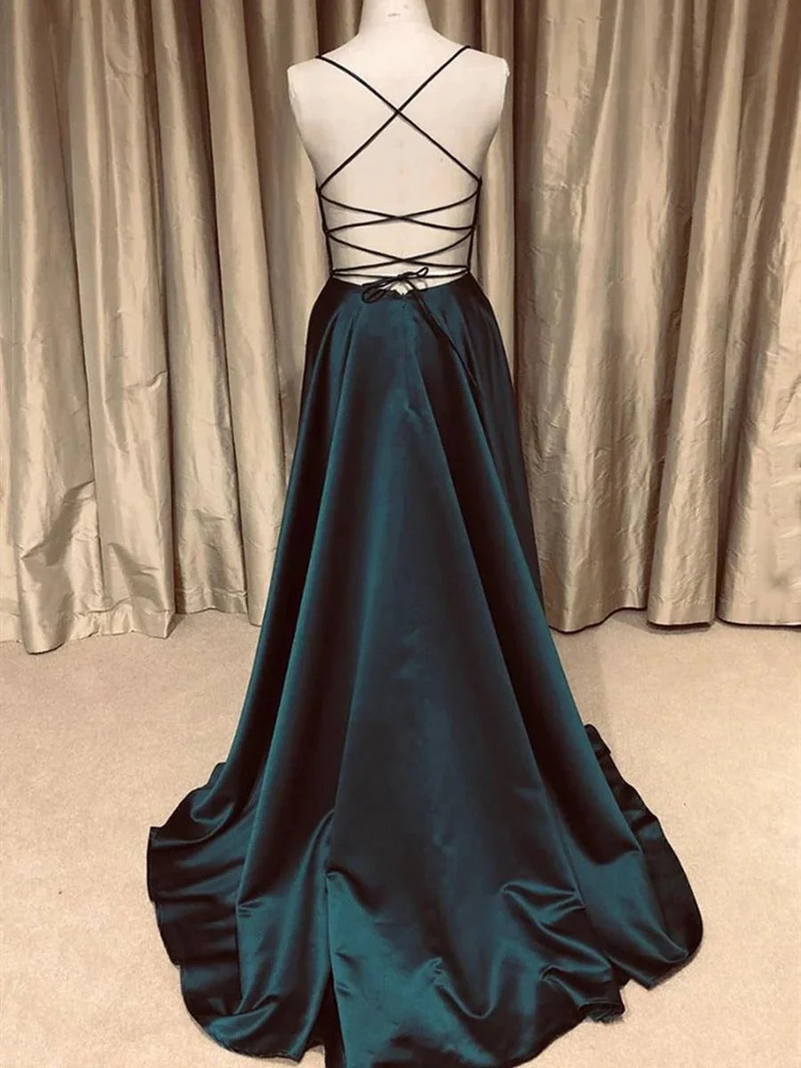 A Line V Neck Backless Long Prom Dresses Simple Dark Green Formal Evening Gowns by BIZTUNNEL