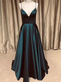 A Line V Neck Backless Long Prom Dresses Simple Dark Green Formal Evening Gowns by BIZTUNNEL