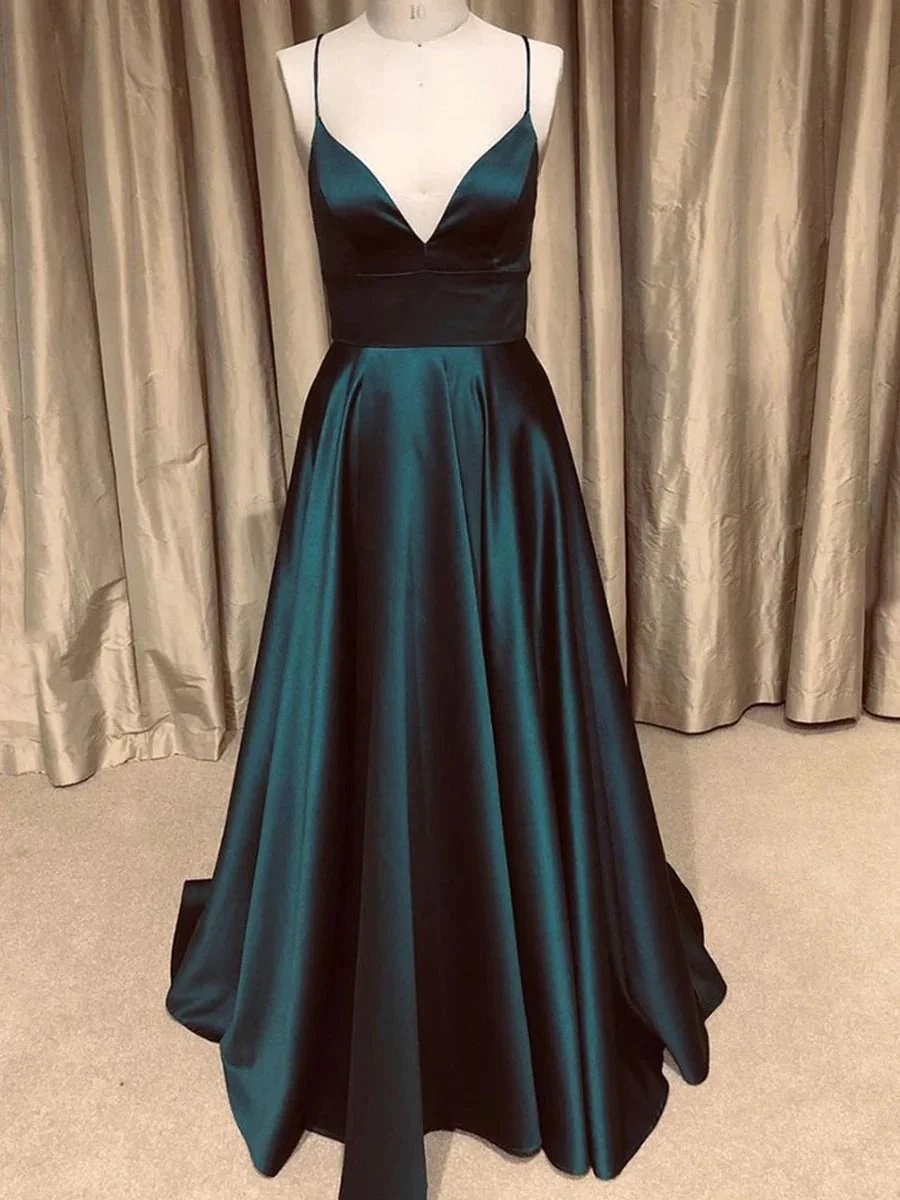 A Line V Neck Backless Long Prom Dresses Simple Dark Green Formal Evening Gowns by BIZTUNNEL