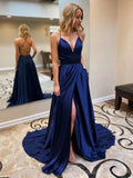 A-line V Neck Backless Long Prom Dresses with Slit Open Back Formal Graduation Evening Gowns with Pockets by BIZTUNNEL