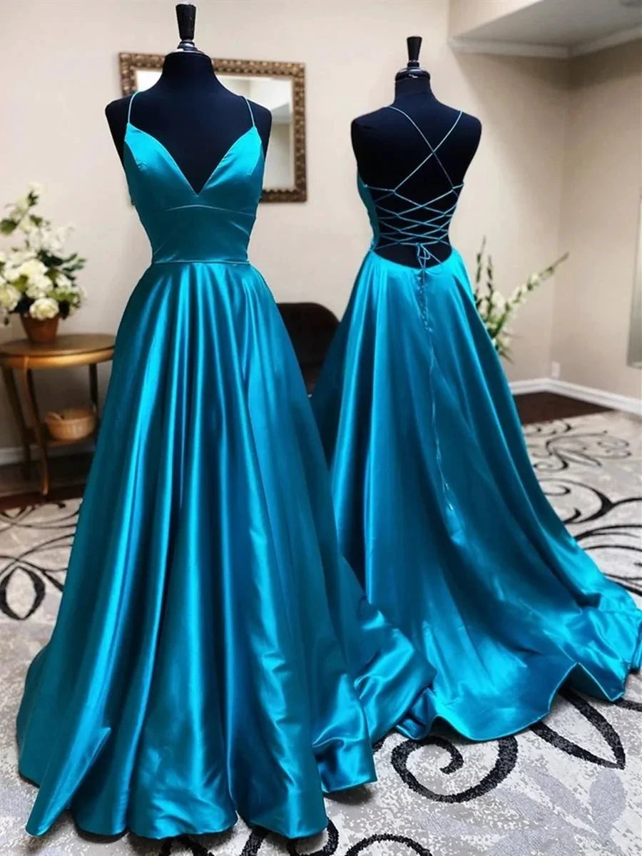 A Line V Neck Backless Satin Long Prom Dresses Open Back Formal Graduation Evening Gowns by BIZTUNNEL