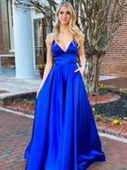 A Line V Neck Backless Satin Long Prom Dresses Royal Blue Formal Evening Gowns by BIZTUNNEL