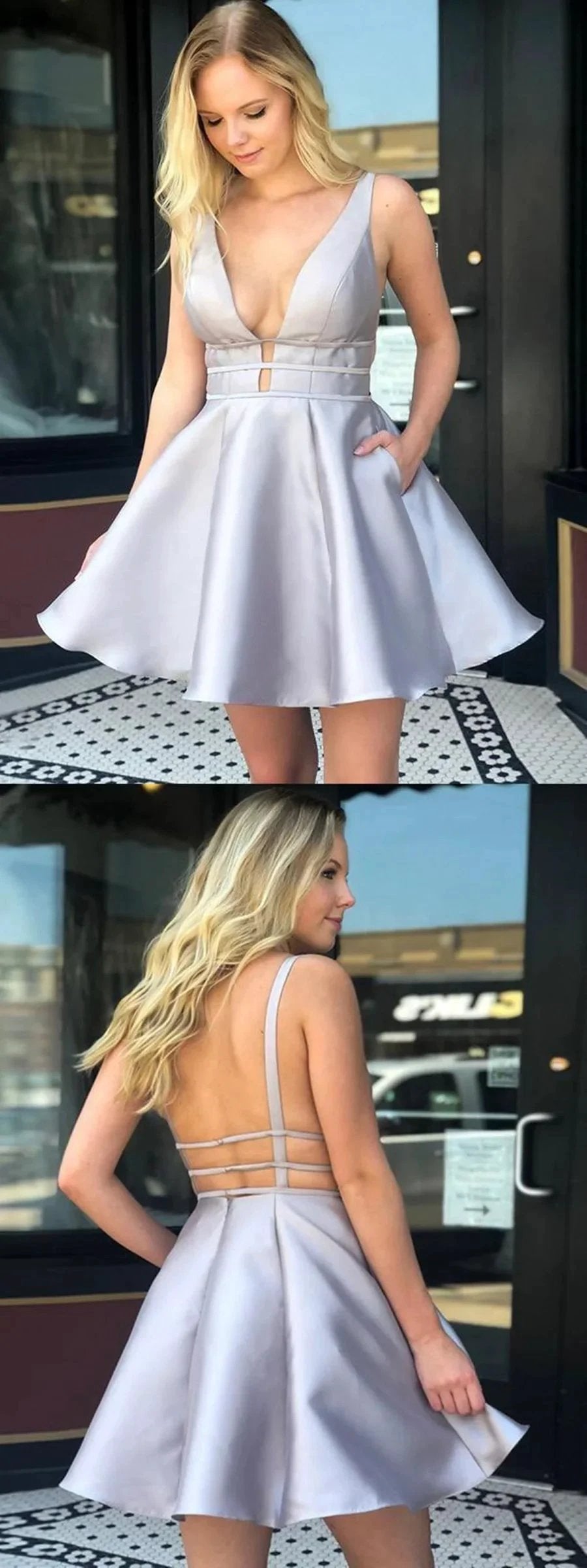 A Line V Neck Backless Short Prom Homecoming Satin Formal Graduation Prom Dresses with Pockets by BIZTUNNEL