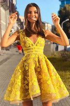 A-line V-neck Sleeveless Short Yellow Homecoming Dress PD381 by pgmdress