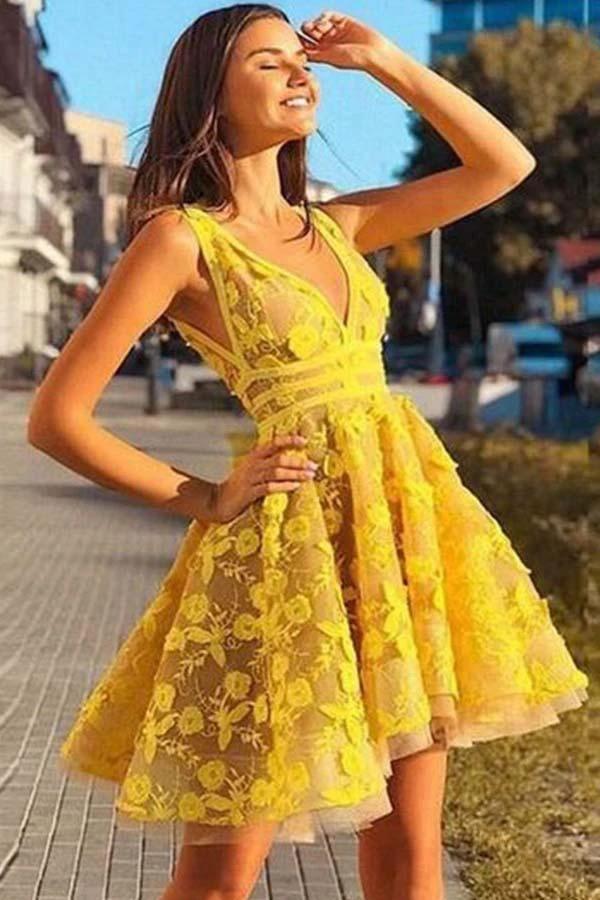 A-line V-neck Sleeveless Short Yellow Homecoming Dress PD381 by pgmdress