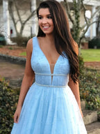 A Line V Neck Beading Long Prom Dresses with Beaded Belt Sky Blue Blue Formal Evening Gowns by BIZTUNNEL