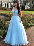 A Line V Neck Beading Long Prom Dresses with Beaded Belt Sky Blue Blue Formal Evening Gowns by BIZTUNNEL