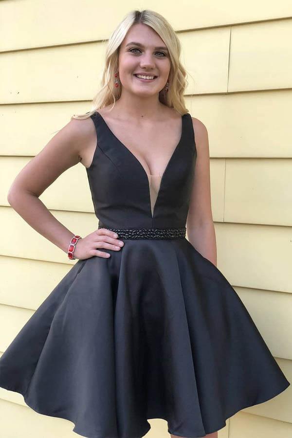 A Line V Neck Black Simple Homecoming Dresses with Pocket PD240 Hover Image