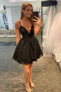 A-line V-neck Black Spaghetti Straps Sleeveless Homecoming Dresses by misshow.com