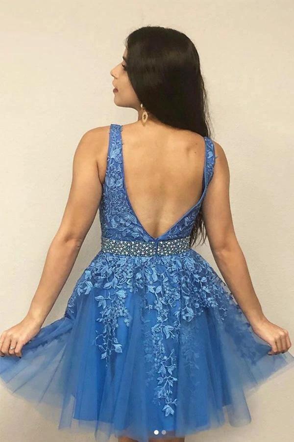 A Line V Neck Blue Short Prom Dress Homecoming Dress with Appliques PD423 by pgmdress