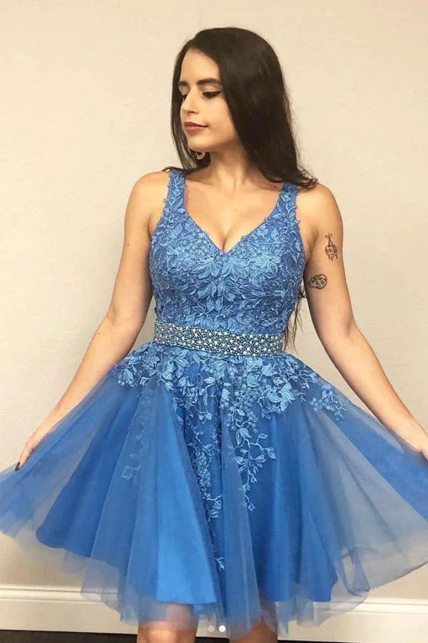 A Line V Neck Blue Short Prom Dress Homecoming Dress with Appliques PD423 by pgmdress