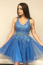 A Line V Neck Blue Short Prom Dress Homecoming Dress with Appliques PD423 by pgmdress