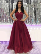 A-line V Neck Burgundy Tulle Long Prom Dresses Burgundy Formal Evening Gowns by BIZTUNNEL