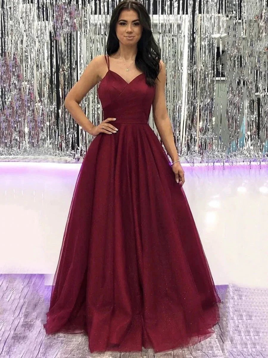 A-line V Neck Burgundy Tulle Long Prom Dresses Burgundy Formal Evening Gowns by BIZTUNNEL