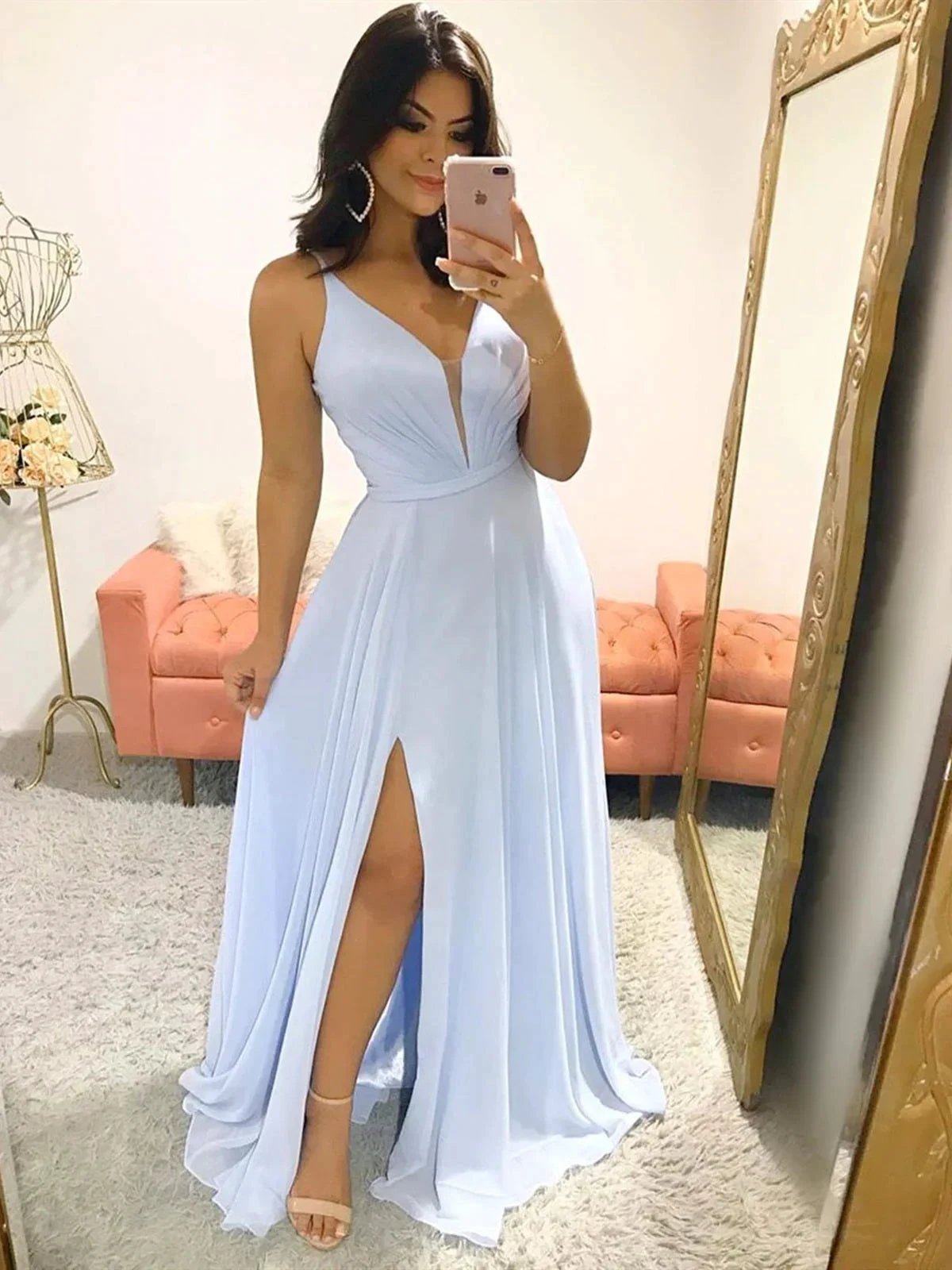 A-line V Neck Chiffon Long Prom Formal Graduation Dresses with Slit by BIZTUNNEL