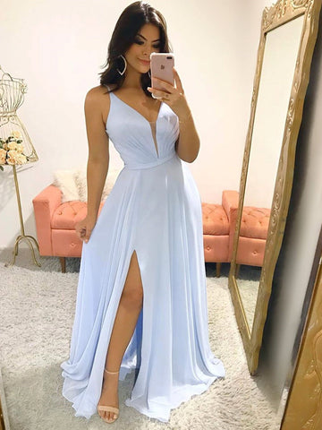 A-Linie V-Ausschnitt Chiffon Langes Ballkleid Formale Abschlussfeier Kleider mit Schlitz