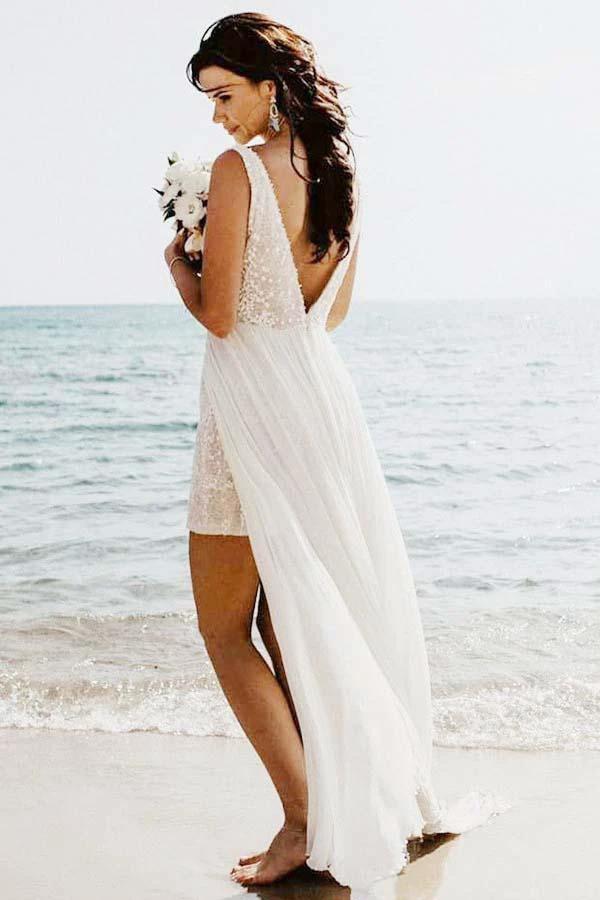 A-Line V-Neck Detachable Train Long Beach Wedding/Bridal Dress WD264 by pgmdress