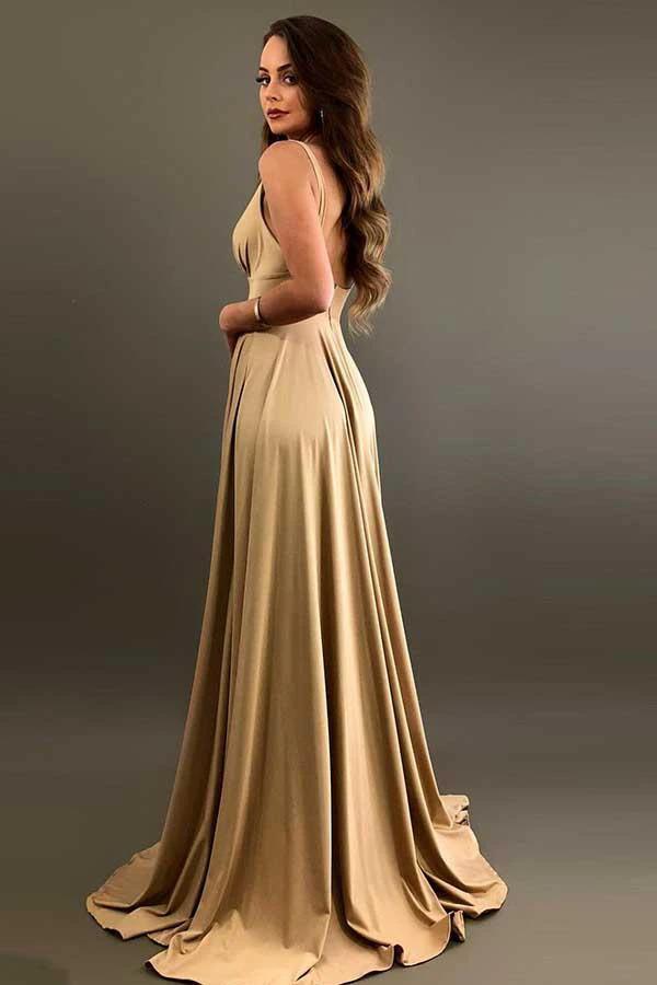 A-Line V-Neck Elastic Satin Bridesmaid Dress with Split BD055 by pgmdress