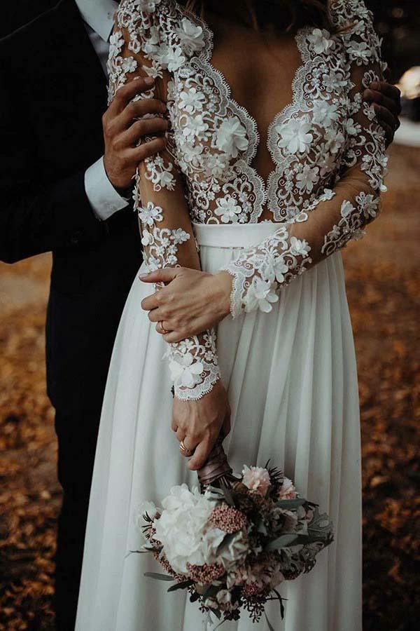 A-Line V-Neck Floor Length Chiffon Wedding Dress with Appliques Flowers WD340 by pgmdress