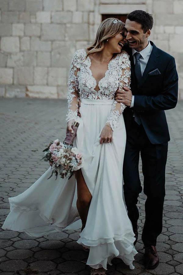 A-Line V-Neck Floor Length Chiffon Wedding Dress with Appliques Flowers WD340 by pgmdress