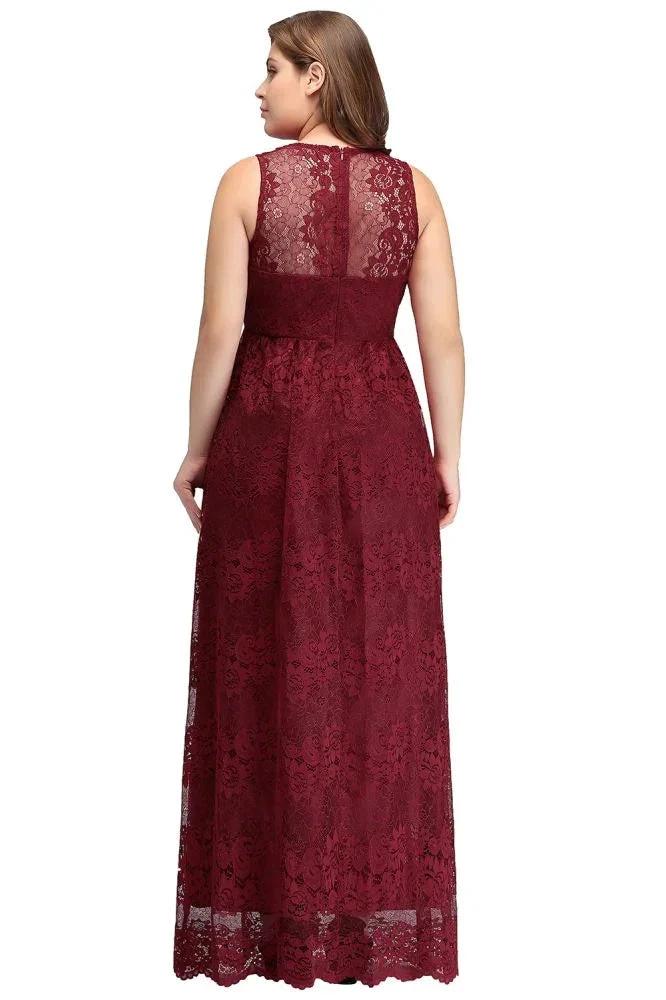 A-Line V-neck Floor Length Sleeveless Plus size Lace Burgundy Evening Dresses by misshow.com