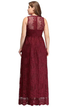 A-Line V-neck Floor Length Sleeveless Plus size Lace Burgundy Evening Dresses by misshow.com