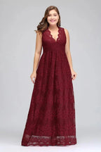 A-Line V-neck Floor Length Sleeveless Plus size Lace Burgundy Evening Dresses by misshow.com