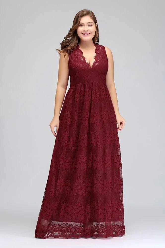 A-Line V-neck Floor Length Sleeveless Plus size Lace Burgundy Evening Dresses by misshow.com