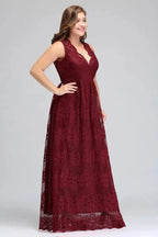 A-Line V-neck Floor Length Sleeveless Plus size Lace Burgundy Evening Dresses by misshow.com