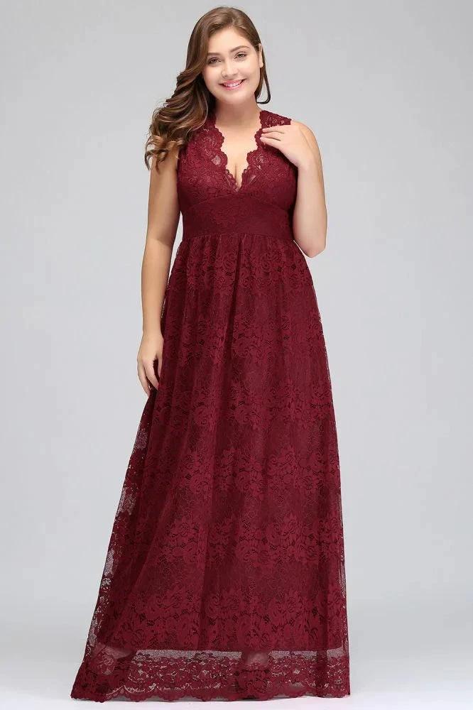 A-Line V-neck Floor Length Sleeveless Plus size Lace Burgundy Evening Dresses by misshow.com
