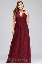 A-Line V-neck Floor Length Sleeveless Plus size Lace Burgundy Evening Dresses by misshow.com