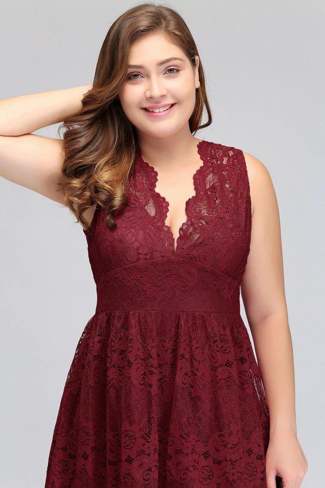 A-Line V-neck Floor Length Sleeveless Plus size Lace Burgundy Evening Dresses by misshow.com