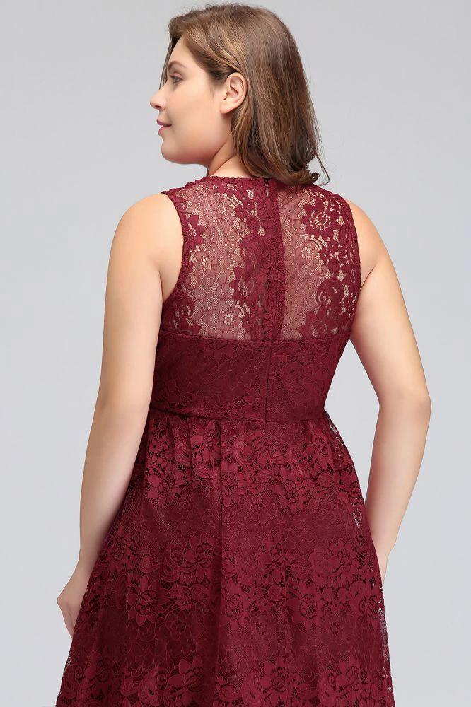 A-Line V-neck Floor Length Sleeveless Plus size Lace Burgundy Evening Dresses by misshow.com