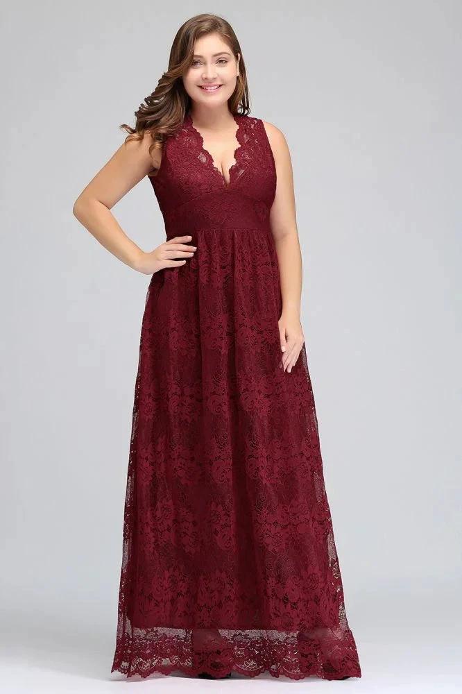 A-Line V-neck Floor Length Sleeveless Plus size Lace Burgundy Evening Dresses by misshow.com