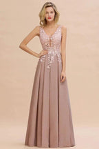 A-Line V-neck Floor-Length Tulle Sequined Prom Dresses by misshow.com