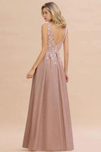 A-Line V-neck Floor-Length Tulle Sequined Prom Dresses by misshow.com