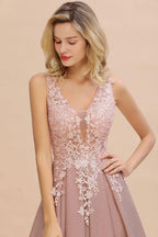 A-Line V-neck Floor-Length Tulle Sequined Prom Dresses by misshow.com